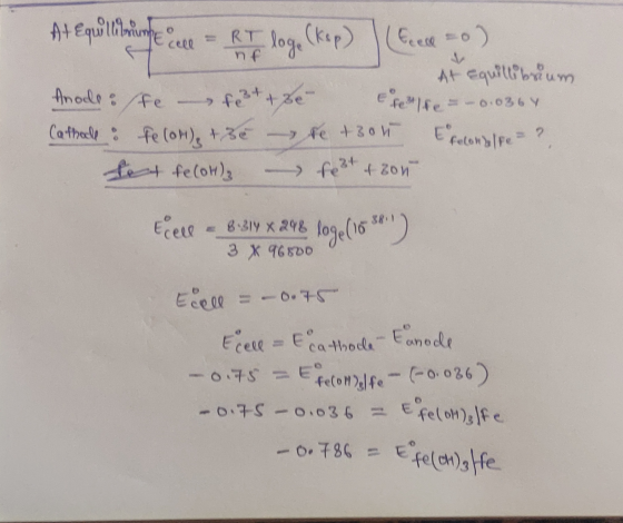 Atequilampe ce o ) = RT loge (kap) At equilibrium Fe -> Fe2++ Be Fee = -0.0367 Cathole & Fe (OM), +36 fe (OM), +36 - Se +305