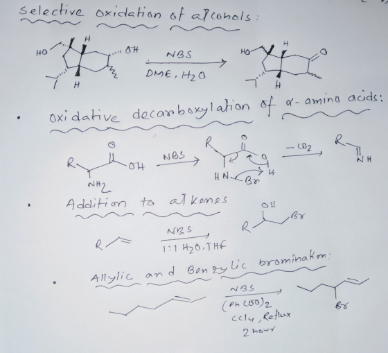 selective m . 1 HO н oxidation of alcohols: ~ OH NBS Hor Ą DME, H₂O a H &- amino acids: oxidative decarboxylatic R a 002 Ry T