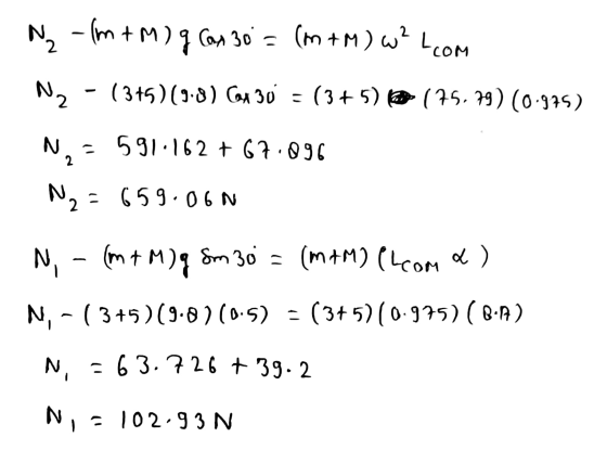 N₂ - (m +M) g (ox 30 = (m +M) w².com N2 - (3+5)(9.8) CA 30 = (3+5) le (75.79) (0.975) N, - 591-162 + 67.896 Ny = 659.06N N, -
