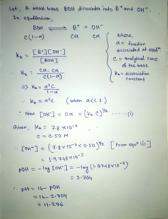Let / A以eaK base BOH dissociata mto B + and OH In equtibrium o Practivn dissociated at equl Canalyhical conc of tha base LeoH