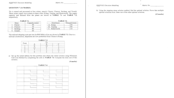 SOOP3023 Decision Modeling Marrie No S0OP3023 Decision Modeling Matric No QUESTION 7 (16 MARKS) b) Using the stepping stone solution method, find the optimal solution. Prove that multiple Tin is mined and processed at four mines, namely Cheras, Chemor, Serdang, and Tronoh These mines supply tin to plants in three cities; Klang, Taiping, and Butterworth. The supply capacity and demand from the plants are shown in TABLE 7.1 and TABLE 72 optimal solutions exist. State one of the other optimal solutions. (12 marks) TABLE 7.1 TABLE 7.2 Mine Distributor Capacity (tons) 90 50 80 60 Demand (tons 120 100 10 A. B. T 2. Chemor 4. Tronoh The railroad shipping costs per ton (in RM1000s) of tin are shown in TABLE 7.3. Due to a railroad construction, shipments are now prohibited from Cheras to Klang. TABLE 7.3 From 10 a) Set up the initial tableau for this problem and obtain the initial solution using Minimum Cell Cost Method by completing the cells in TABLE 7.4. Compute the total cost of this 4 marks) TABLE 7