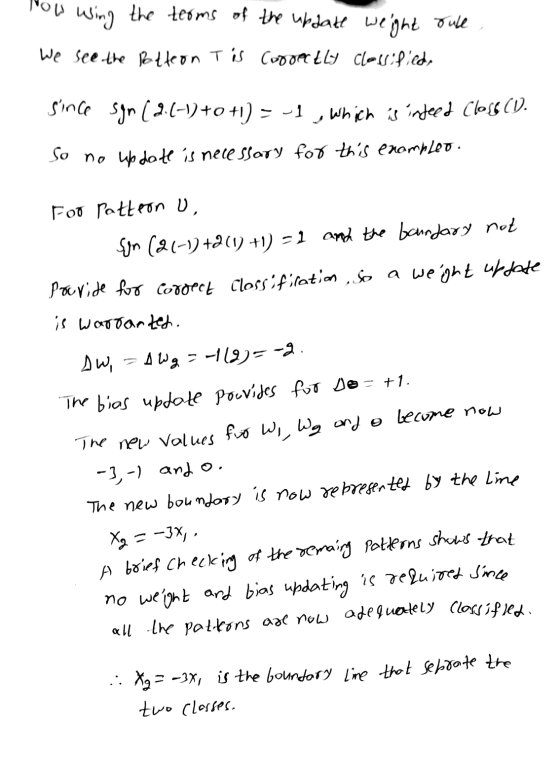 How wsing the terms of the update weight rule, We see the Botteon Tis correctly classified Since Syn (2.(-1) +0+1) = -1 , Whi