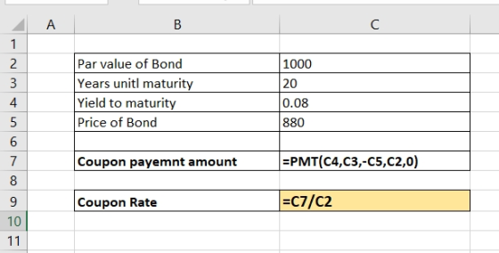 А в Par value of Bond Years unitl maturity Yield to maturity Price of Bond 1000 20 0.08 880 Coupon payemnt amount =PMT(C4,C3,