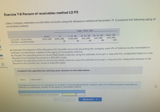 Exercise 7-8 Percent of receivables method LO P3 Daley Company estimates uncollectible accounts using the allowance method at