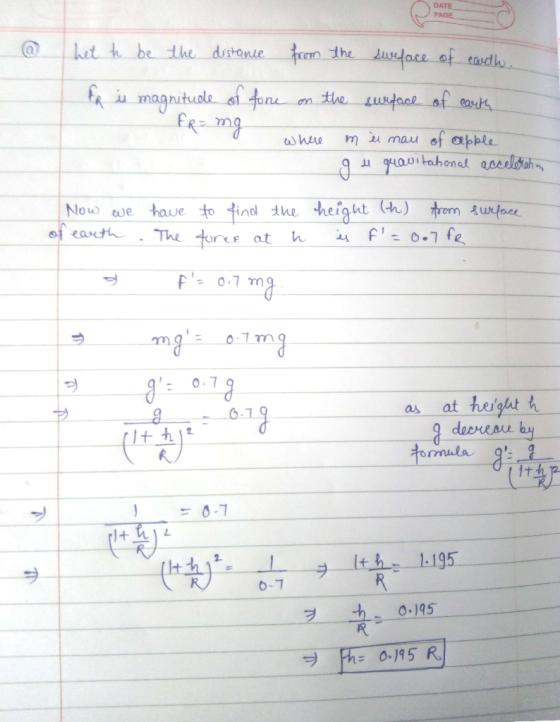 DATE .@ hetk, be the ditonte mthu-duo oce-와.ead 仆, R iu nituole o Now we haue to inl ihe height h) unfocr of earth . The trea