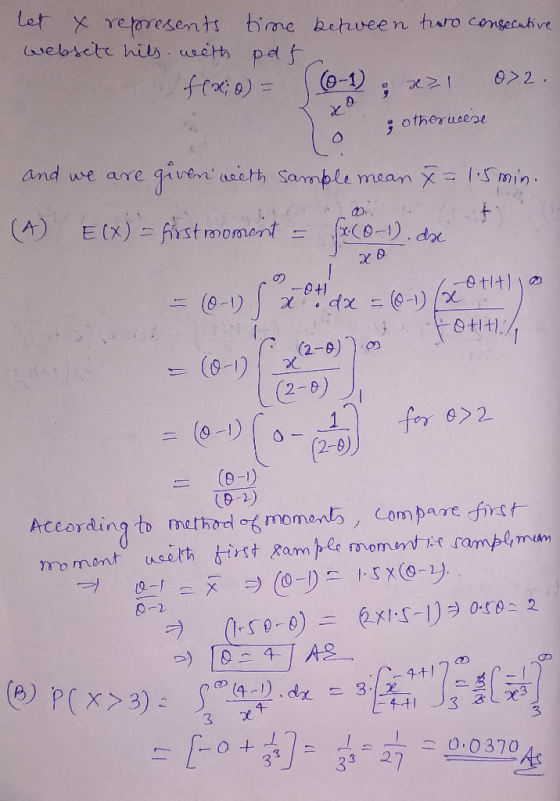 Let y represents time between two consecutive website hits with pat f(xio) = (0-1) & xz1 072. ; other usese and we are given