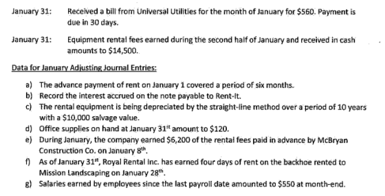 January 31: Received a bill from Universal Utilities for the month of January for $560. Payment is due in 30 days. January 31