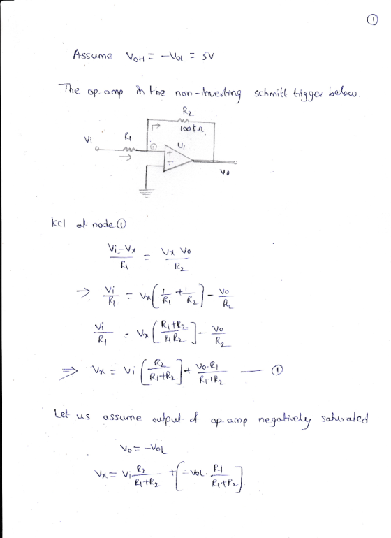 Assume VoHz-VOL = 5V The op amp in the non-investing schmitt tigger below. looke van met kol at node @ > = wil k * ) - e non