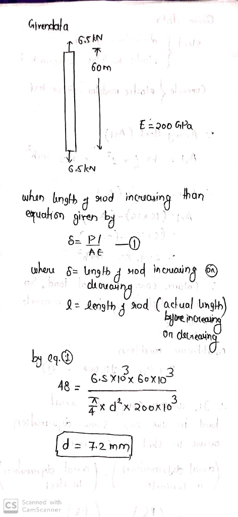 Corendala 6.skN 7 60m 60m เรจ ว า ะ เรา E = 200 GPa 6.SINI U AE when lngth a nuod increasing than equation giren by Carral) S