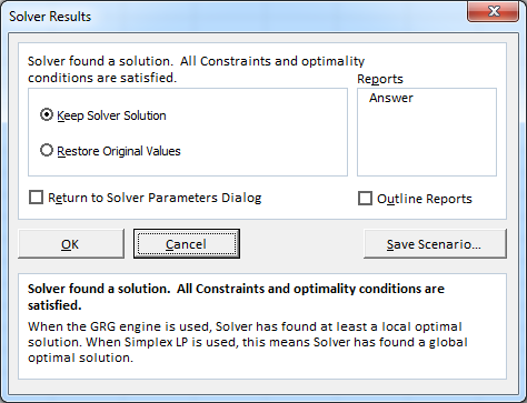 Solver Results Solver found a solution. All Constraints and optimality conditions are satisfied. Reports Answer Keep Solver S