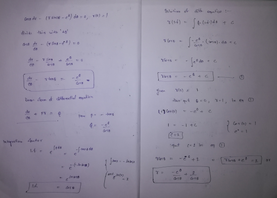 Solution of dift. equation coso do - (8 sin(o) – eo) do =0, 10) = 1 8( lof) Sa. Citildo Q. (lefeldo + c divide this with do