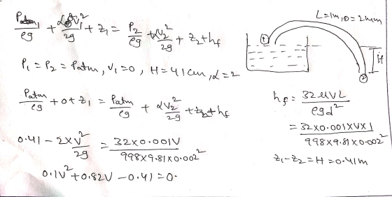 Lelm,o=chum P, = P₂ = Patur, 9, 20, H=41 cm, 2=2 Perten tot = Padang + alveren tot the he= 32 MVL egd = 32X0.001xVXI 998x9.89