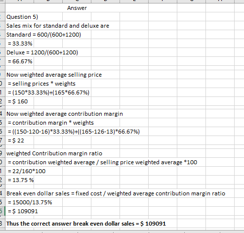 Answer Question 5) Sales mix for standard and deluxe are Standard = 600/(600+1200) = 33.33% Deluxe = 1200/(600+1200) = 66.67%