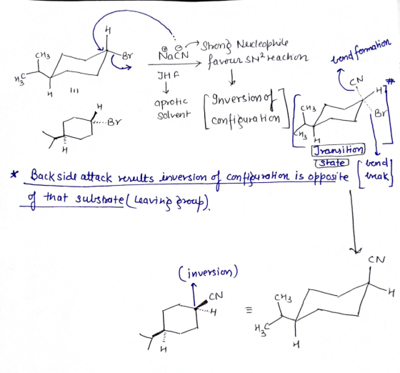 NaCN - JHF Shong Nucleophile favour SNP reachion bend formation aprotic Solvent r Inversion of Tr [configuration dar..By * Tr