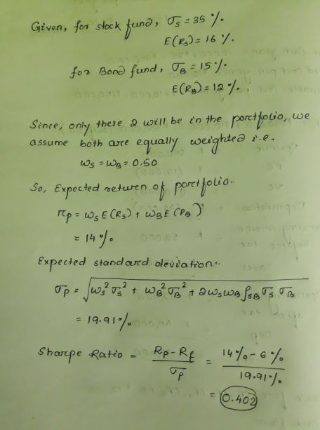 Given, for stock fund, Os = 35 %. L E(R) = 16 % for Bond fund, To = 15% T E (R) : 12. Since, only there a will be in the por