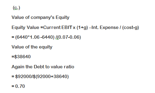 (c.) Value of companys Equity Equity Value Current EBITx (1+g) -Int. Expense / (cost-g) (6440*1.06-6440) (0.07-0.06) Value o