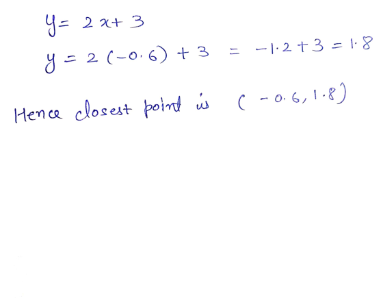 Y= 2 x+ 3 y = 2(-0.6) + 3 = -1:2+3 = 1.8 Hence closest point us C -0.6,1.8)