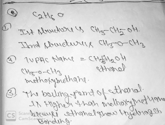 The boiling point of thanal Catgo Ist sbructure is CH₂ - CH2OH. Ind buictureis CH3O-CH3 TUPAC Name CHCH2OH CHO-CH3 ethanal me