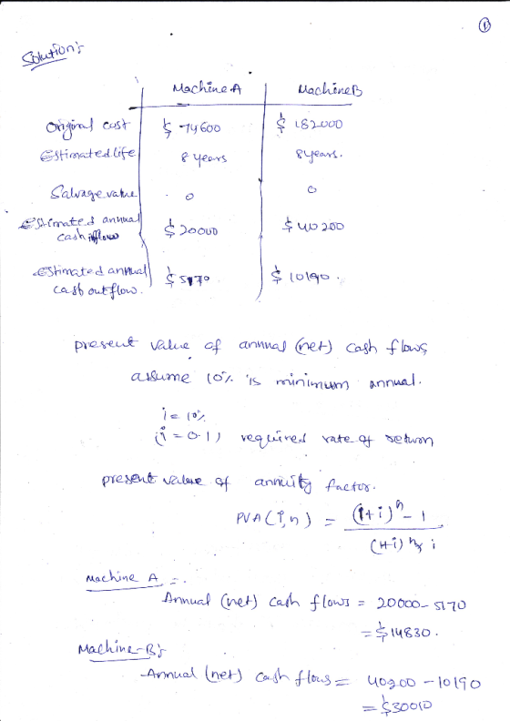 Solutions Machine A Original cost / 74 600 I Machines 1 $ 182000 8 Years. estimated life 8 years Salvage vathel Estimated ann