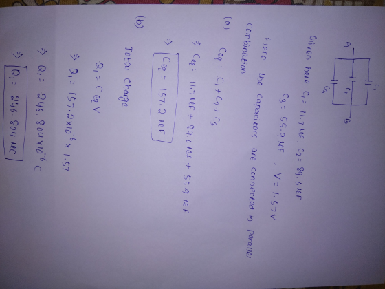 HH C2 B th C3 C3= 55.9 MF, V=1.570 flere the capacitors are connected in parane combination. (a) Ceq = C + C2 + C₂ - Ceq = 11