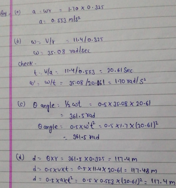 Any (9) a : Wr = 1.70 x 0.325 a= 0.553 m/s² (6) w- Vr = 11.4/0.325 W = 35.08 rad/sec check- tv/a 11.4/0.553 : 20.61 Sec. al w