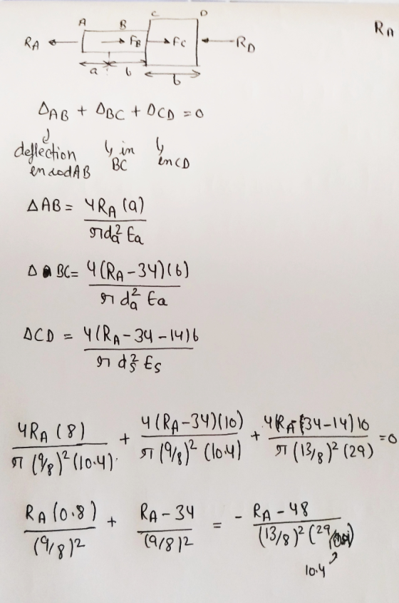 AB RA o foafele ¡ RD DAB+ DB C + D CD =0 deflection , in , enca én codA B b con AAB= YRA (a) rda ta DA BC= 4 (RA -34)(6) rida
