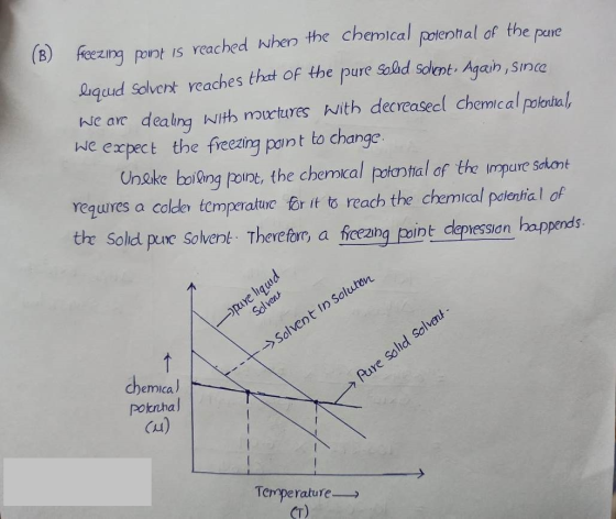 (B freezing point is reached when the chemical potential of the pure liquid Solvent reaches that of the pure Solid Sclient. A