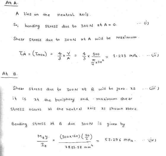 At A A Lies o meutral axis the So, bending at A O due to 300 N Stress maximum Shear will be at A Stress 30 oN due to Tman) 1.
