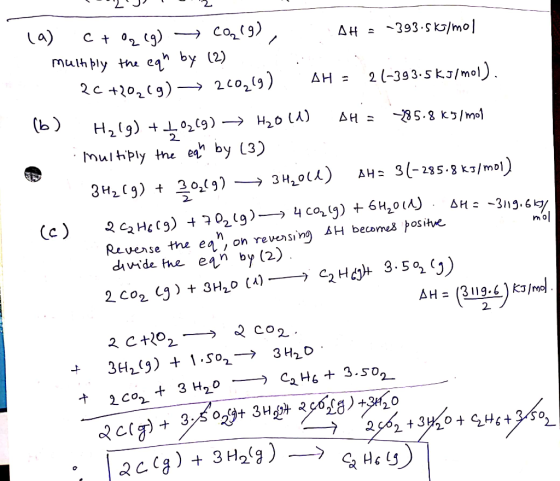 cog) a) mulh bly the eq by (2) 2c +2029) 2c02(9) 2 (-393-5kJ/mol). ΔΗ - (b) H29) (9) H20 LA) 285.8 KJ/mo 2 Multply the ea by