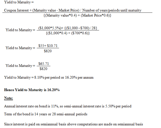 Yield to Maturity= Coupon Interest +(Maturity value - Market Price) / Number of years/periods until maturity {(Maturity value