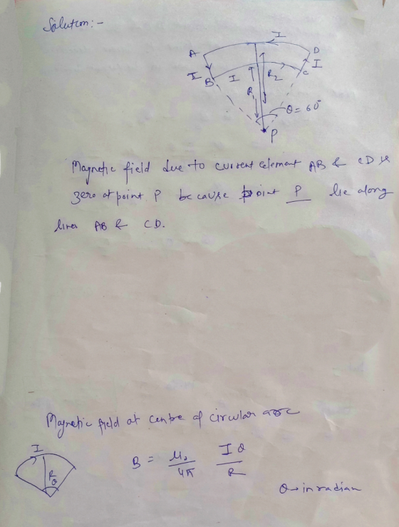 Salutom:- C. 0-60 eefield due to cuireat elemet AB eD 3er ot peint Pbe caUke le along CD. areh peld at cnte f cirwl aoe Oin r