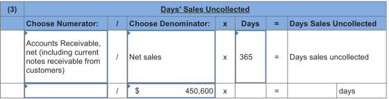 (3) Days Sales Uncollected Choose Denominator: x Days Choose Numerator: I = Days Sales Uncollected Accounts Receivable, net