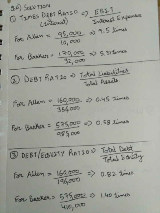 OSA) SOLUTION ① TIMES DEBT RATIO = EBIT (Interest) Interest Expense For Allen = 95,000 = 9.5 times 10, ovo For Barker = 170,0