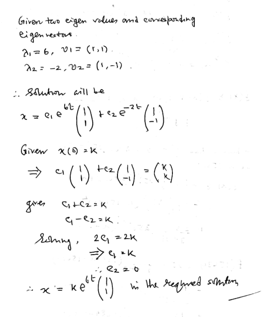 Given two eigen values and corresponding eigennectors 2. = 6, VIS (,1) 22= -2,72 = (1,-1). :. Solution will be x = 0,2** (1)