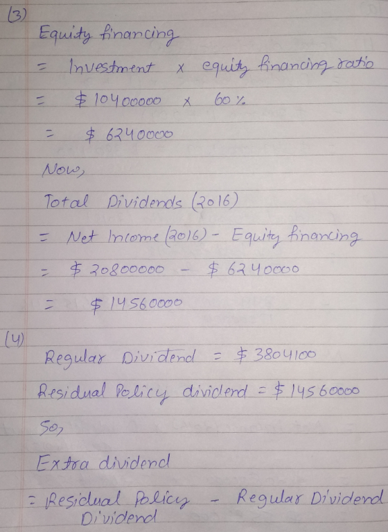 3) Equity financing nvestment Xequity financing ratio -1 $10400000 1 $ 6240000 Now Total Dividends (2o16) Net Intome Ro)6) -