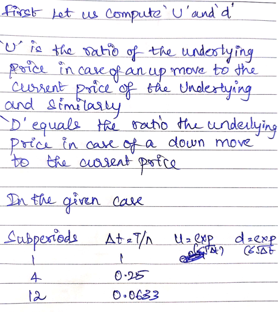 first let us compute Ulandd o is the ratio of the underlying Price in case of an up move to the current price of the underly