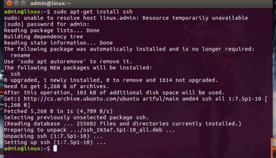 O admin@linux: ~ admin@linux: sudo apt-get install ssh sudo: unable to resolve host linux.admin: Resource temporarily unavail