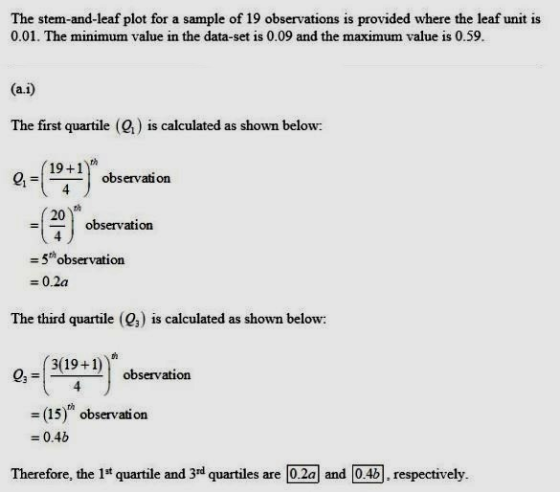 The stem-and-leaf plot for a sample of 19 observations is provided where the leaf unit is 0.01. The minimum value in the data