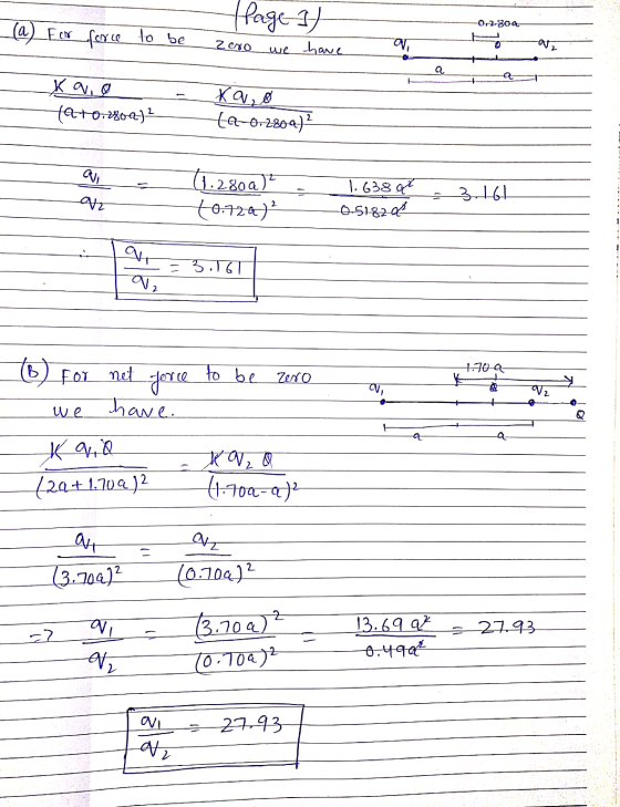 (Page 1) Or2-800 (a) For force to be Zero we have ori a Koy, g 12+0.240212 ka, 0 te-0.2809) (1.280a)? (0.72a)² 1.638 0 0.5182