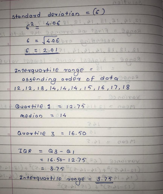 Standard deviation = (6) 2 1 14.0681 SIHI. Ela NISI 6 = 4.06bro Pribogoan 6 = 2.012 Holt & Sl, sl I Interquartile range = 3!