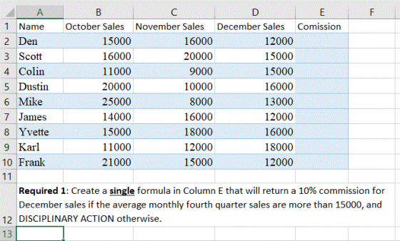LL А B C с D E 1. Name October Sales November Sales December Sales Comission 2 Den 15000 16000 12000 3 Scott 16000 20000 1500