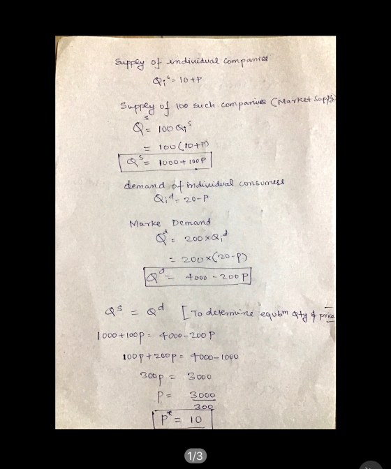 Supply of individual companies Qi - 10+P supply of 100 such companies (Market Supply Q = 100Q = 100 (roup) 1000 + 100 p dema
