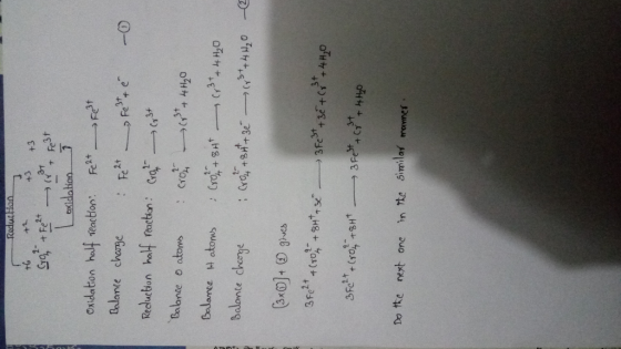 exidationT Balance chorge , Fe2+一一.) Fest + en Reduction half reactor: Cor→ Balante o atom 3+ 31 Balonte choonge 3-1 Do tte n