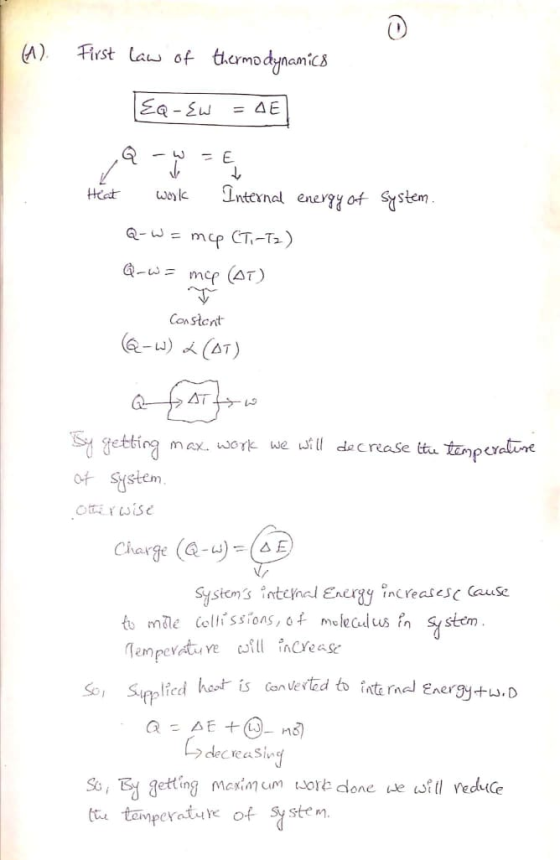 () First law of thermodynamics EQ-Ew E 1 Heat عالیا Internal energy of system. Q-W = my CT.-T2) Q-w=me (AT) Constant (6-w) 2