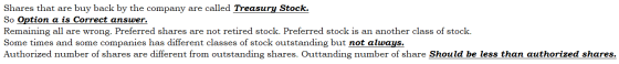 Shares that are buy back by the company are called Treasury Stock. So Option a is Correct answer. Remaining all are wrong. Pr