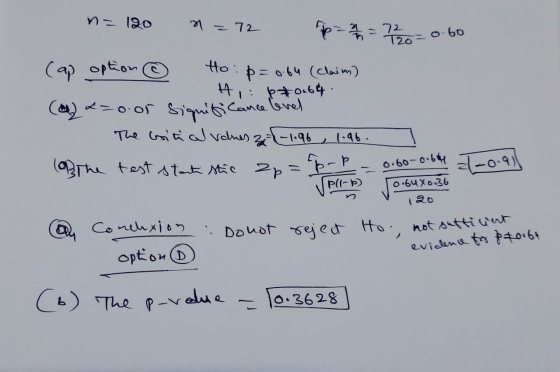 na 120 7 72 p=2 / 2 = 11/20 0.60 Ho . (ap option p=0.64 (claim) 4, pt0.64. (4) 2=o.or significance level The critical values