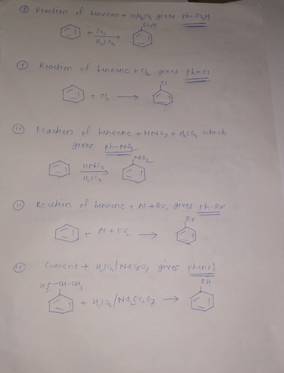 ③ Reaction of benzenet so/45o gives phoso,H 50₂4 + ro He sou ② Reaction of benzene + ch gives Ph-ci 6 reaction of benzene + H
