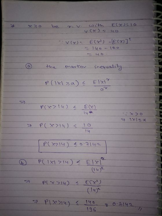 X70 be r.v. with Elx) = 10 у (х) = чо V (х) . ЕСх? ) -Є Сх) 7 - ) Чо - Фо - Чо. @ the parkov inequality P(x 2 ) < EJx1 P(x71