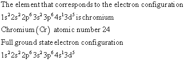 The element that corresponds to the electron configuration 18-2s 2p 3s 3pº 453dʻis chromium Chromium (Cr) atomic number 24 Fu
