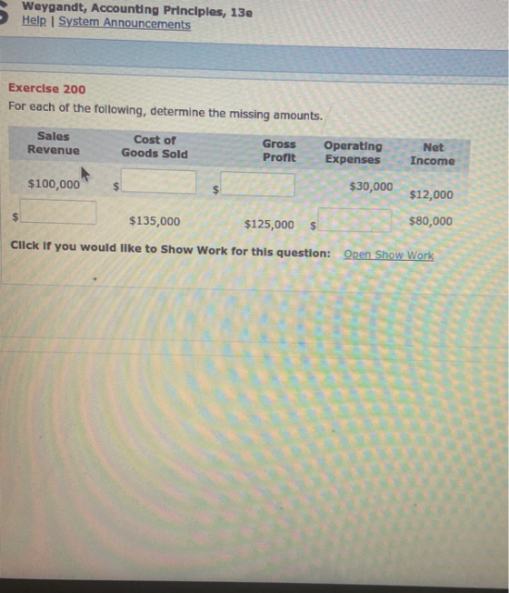 Weygandt, Accounting Principles, 13e Help System Announcements Exercise 200 For each of the following, determine the missing